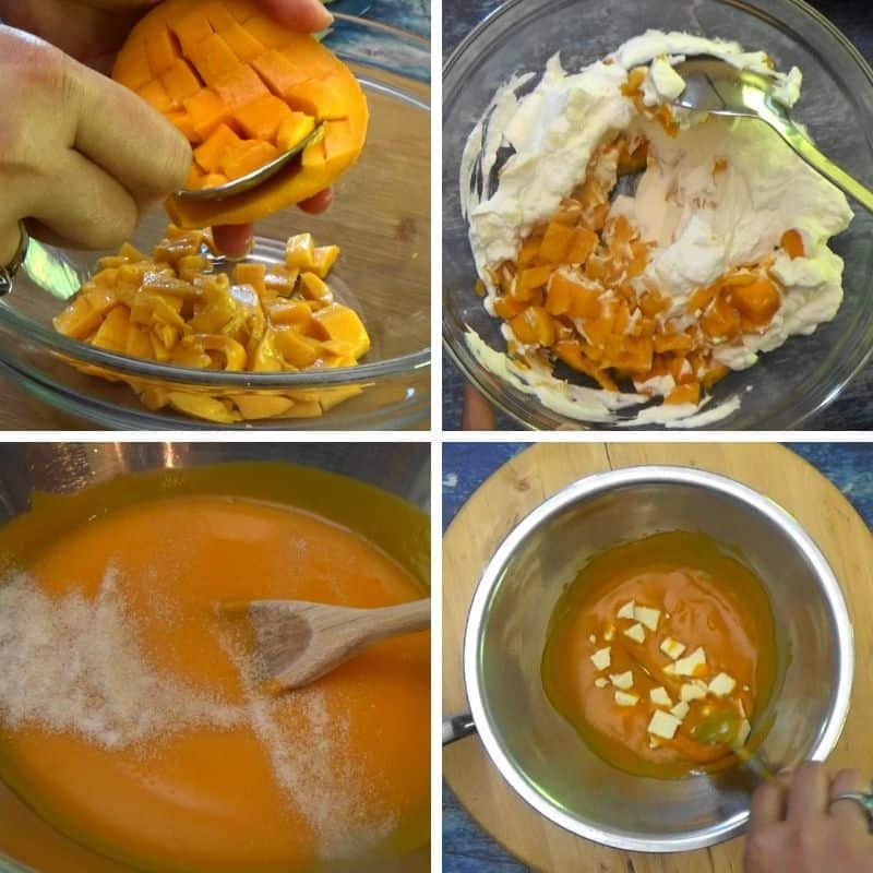 Mango cut into pieces to make filling with cream and also pureed to make decoration.