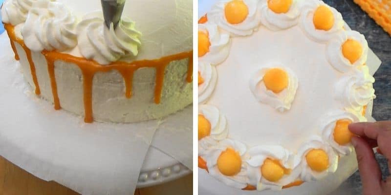Making cream puffs and placing the mango balls on the top of cake.