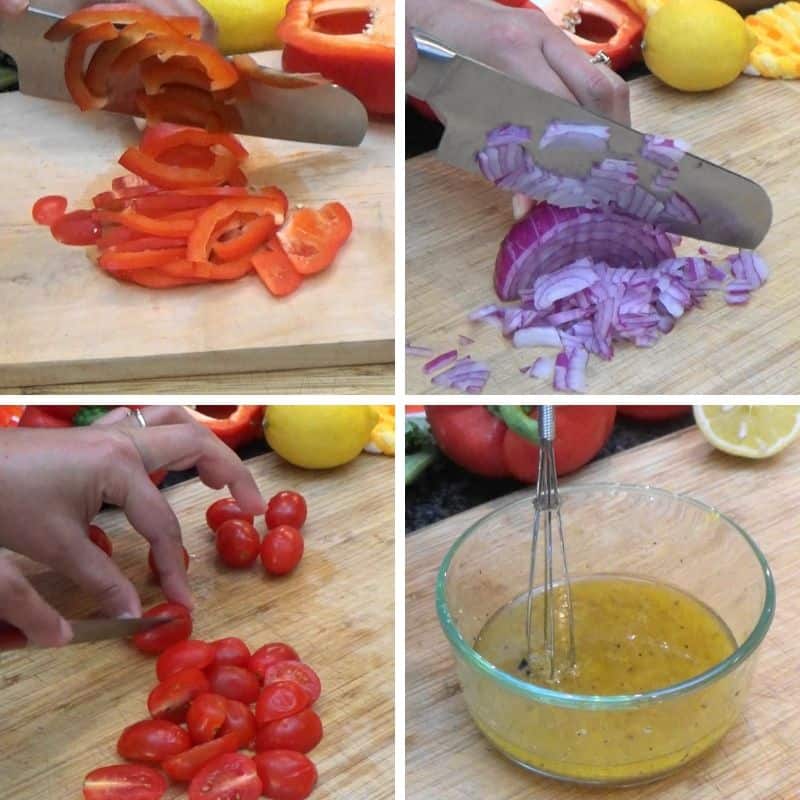 Vegetables being chopped and dressing being prepared.