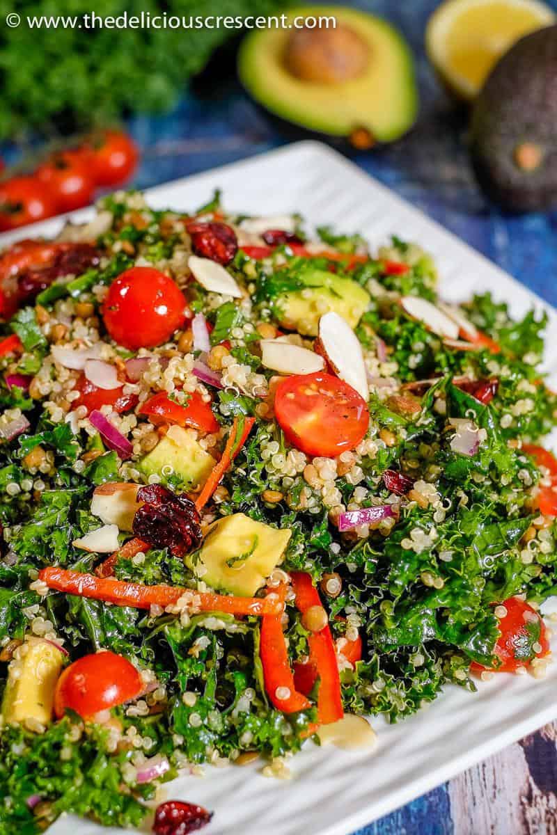 Quinoa salad with kale and lentils served on a white plate.