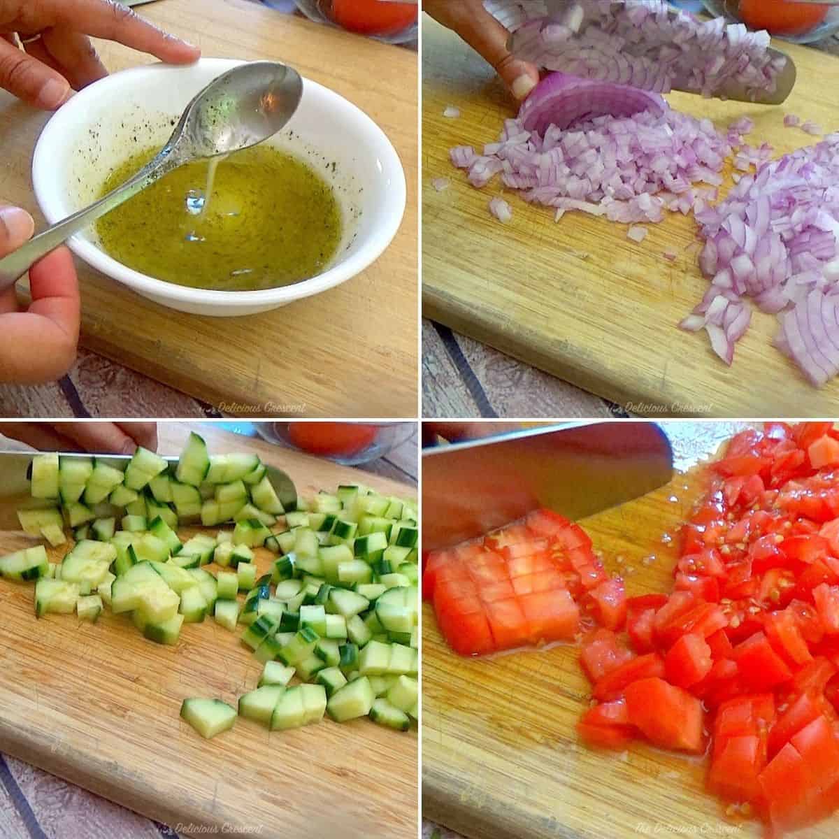 The steps for making tomato cucumber salad.