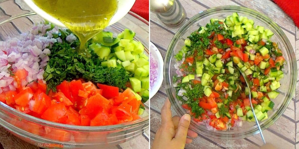 Final steps for making tomato cucumber salad.