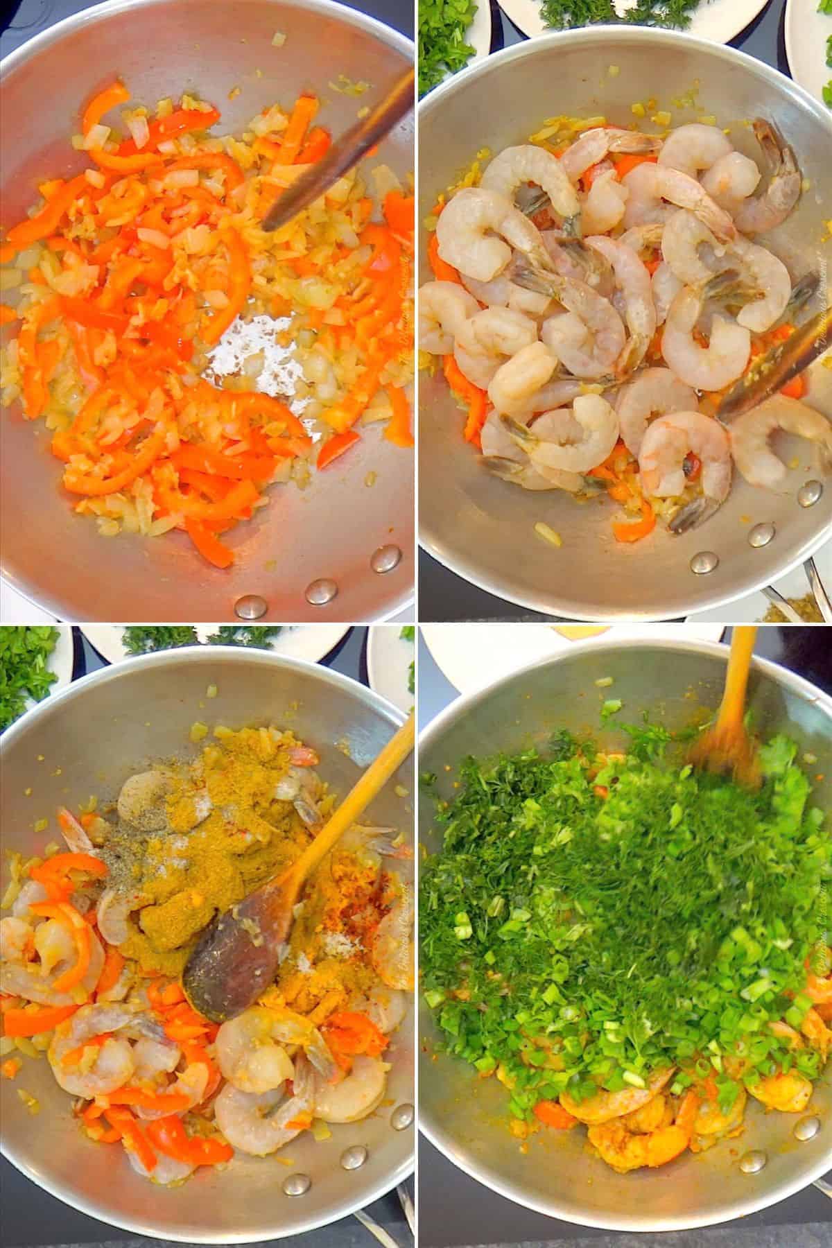 Cooking shrimp with vegetables and herbs.