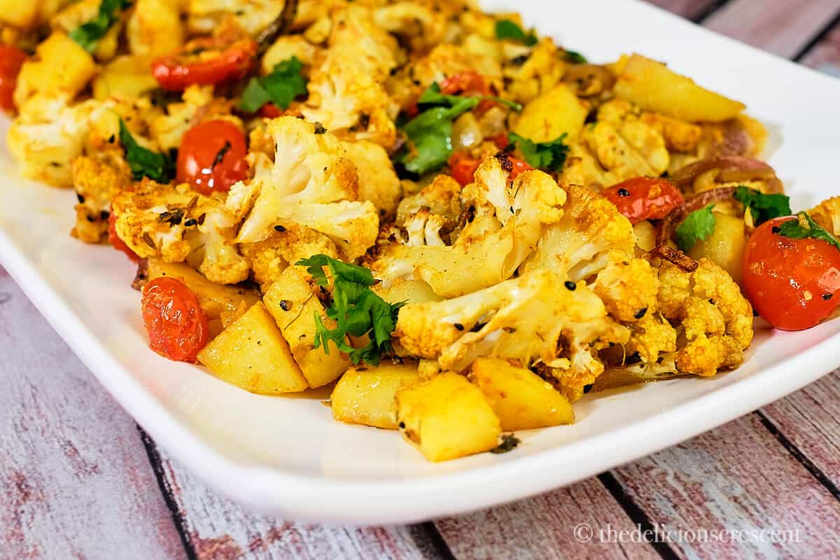 Front view of easy roasted aloo gobi .