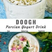 Different views of Doogh, Persian yogurt drink served in glasses.