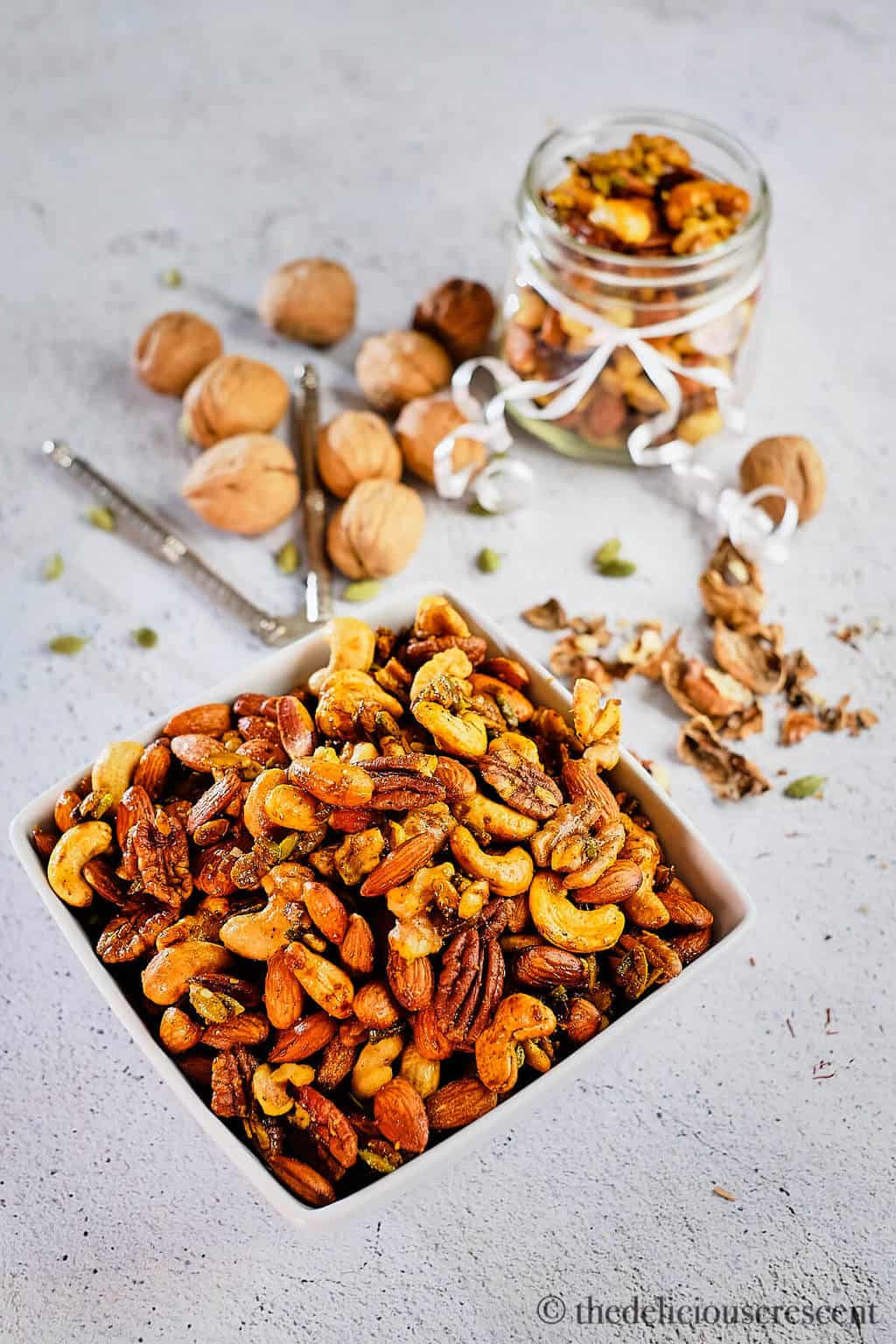 Overhead view of mixed holiday nuts in a bowl.