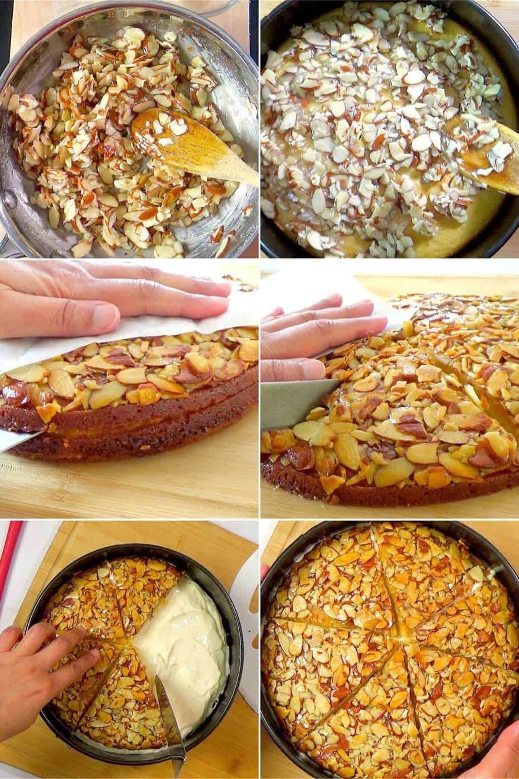 Step by step for making the almond topping and assembling the cake.