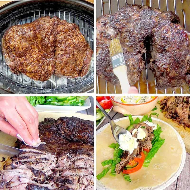 Roasting the marinated meat, shredding it and preparing a wrap with vegetables and tahini sauce.