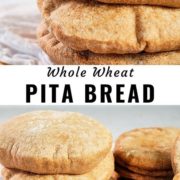 Whole wheat pita bread pin image with different views of the bread.