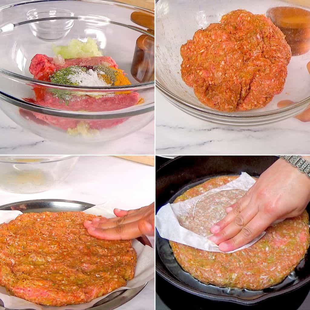 Preparing meat for easy pan kebab and shaping it in skillet.