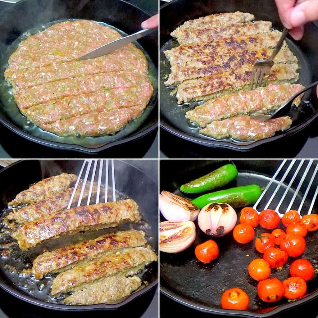 Cutting kabob strips and searing those and vegetables.