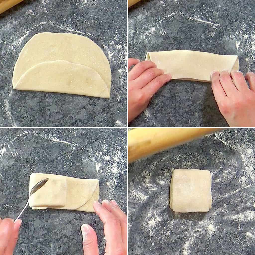 Square folded layered dough portion.
