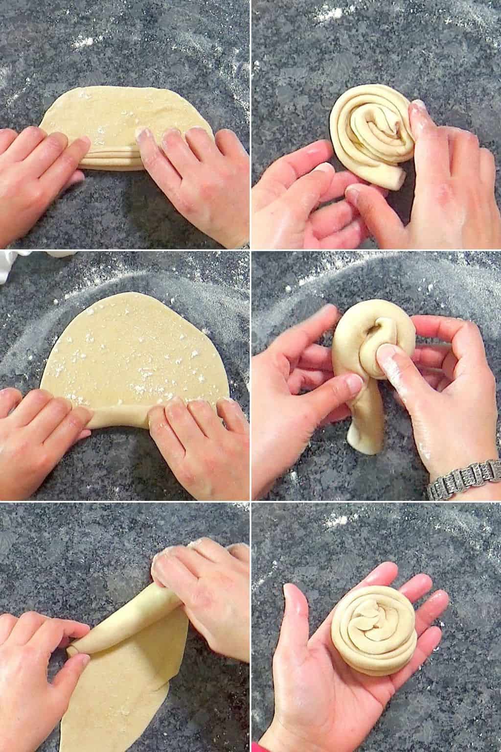 Three ways to make round folded layered dough portion.