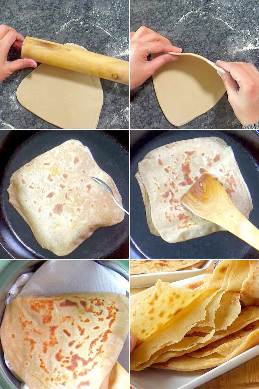 Step by step cooking of layered Indian flatbread.