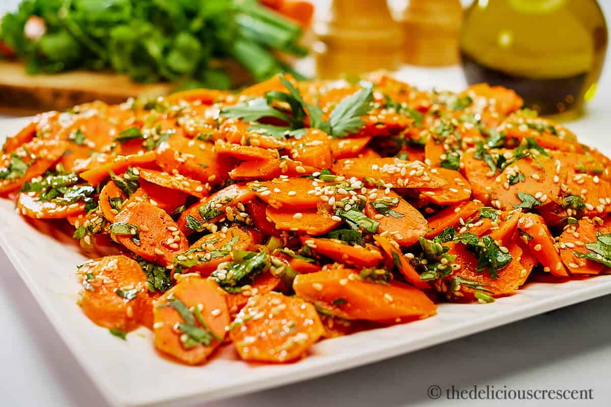 Front view of a warm salad on a plate.