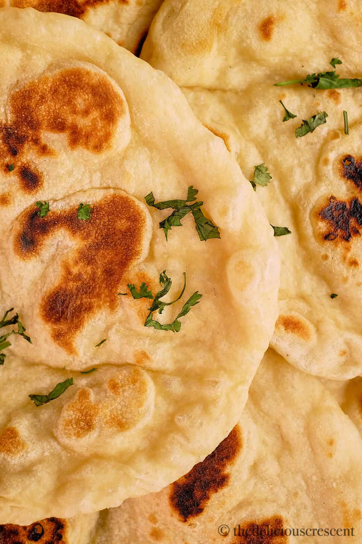 Close up view of skillet Indian naan.