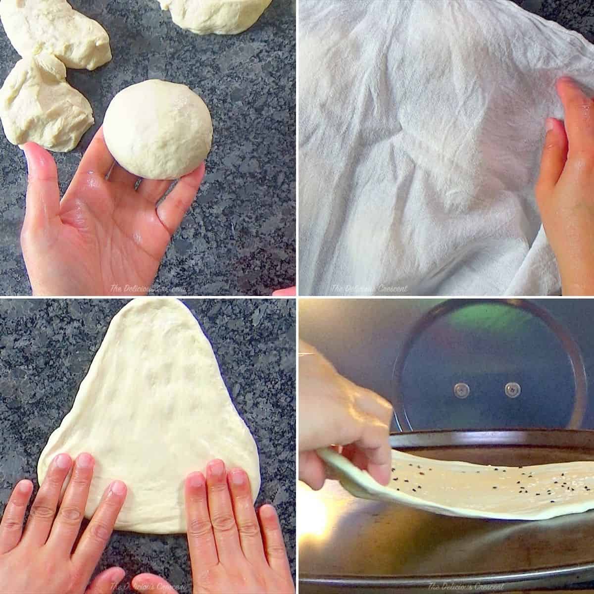 Make round balls, let it rest, hand stretch and bake.