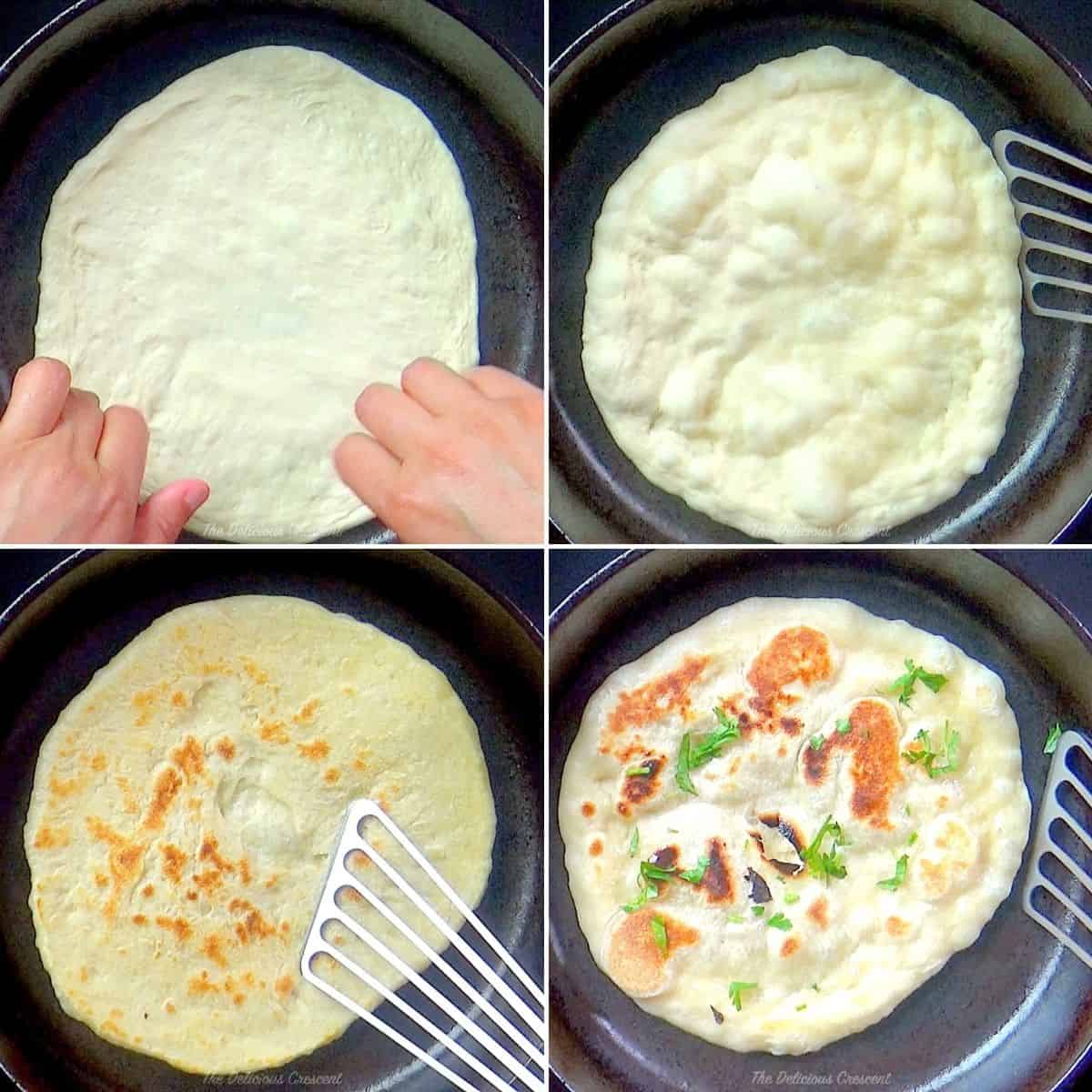 Making naan in skillet.