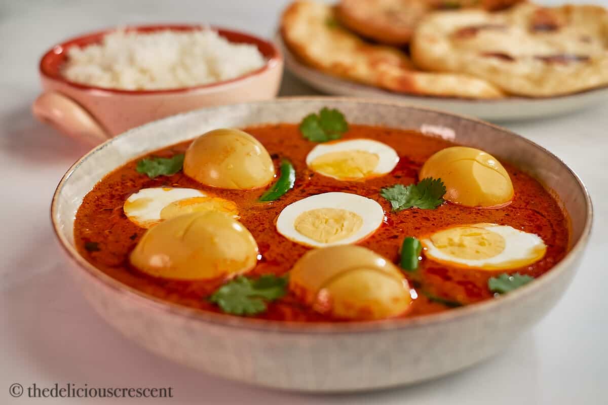 Eggs cooked in a spicy tomato onion gravy.