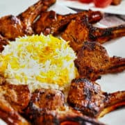 Persian lamb rib chops (shishlik) with rice.