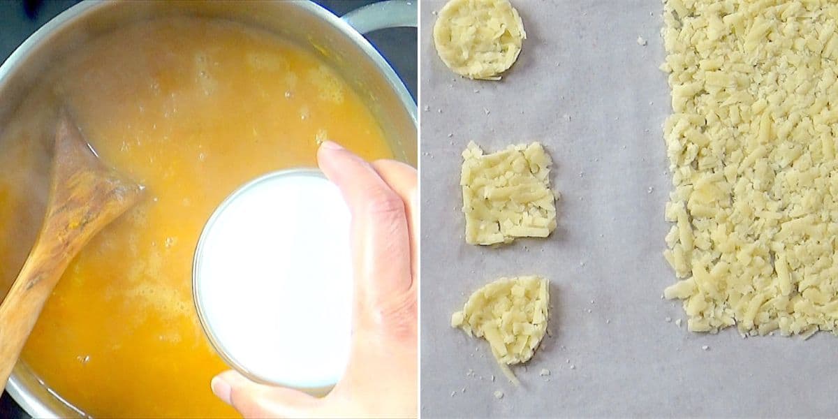 Adding coconut milk to soup and making parmesan crisps.