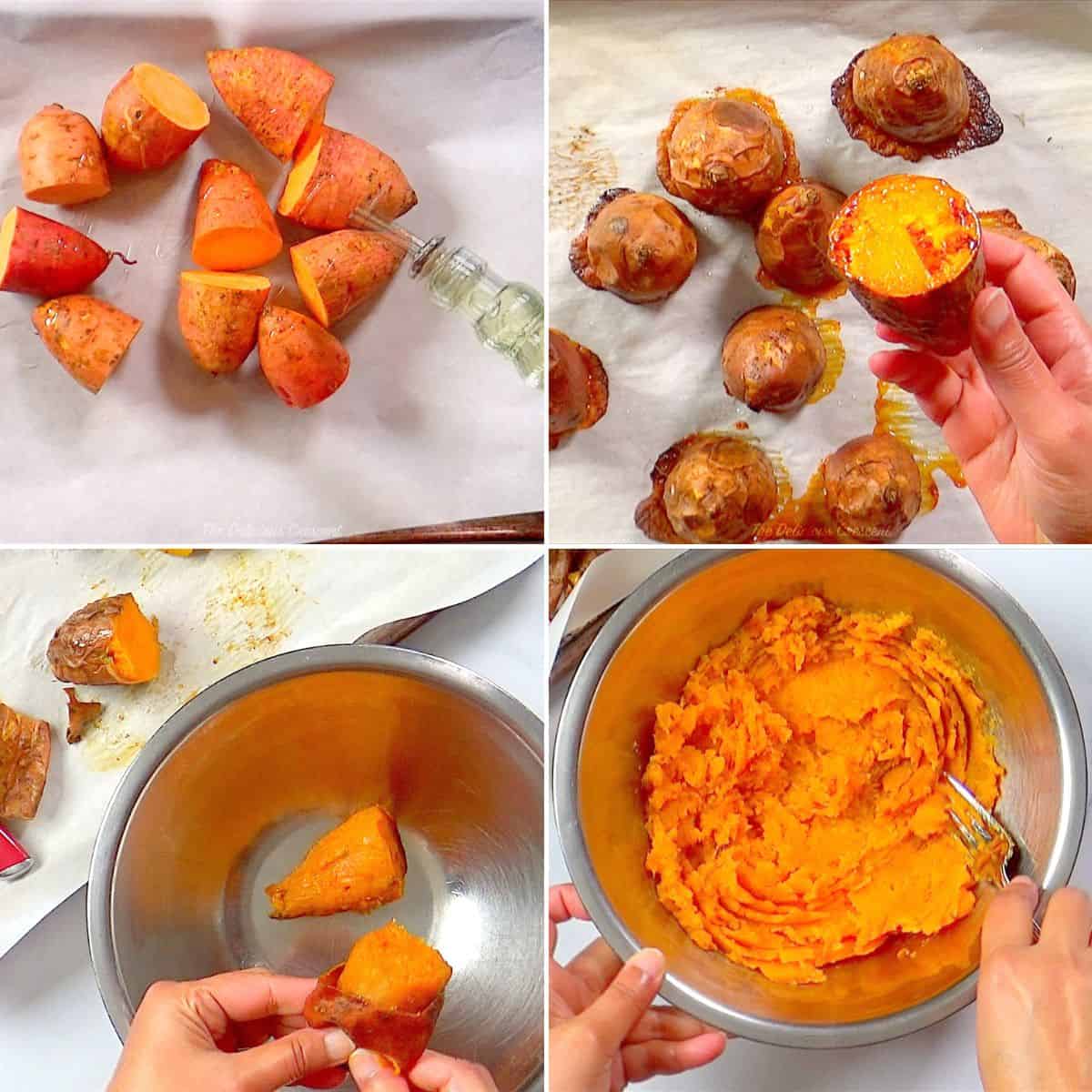 Roasting sweet potatoes and mashing.