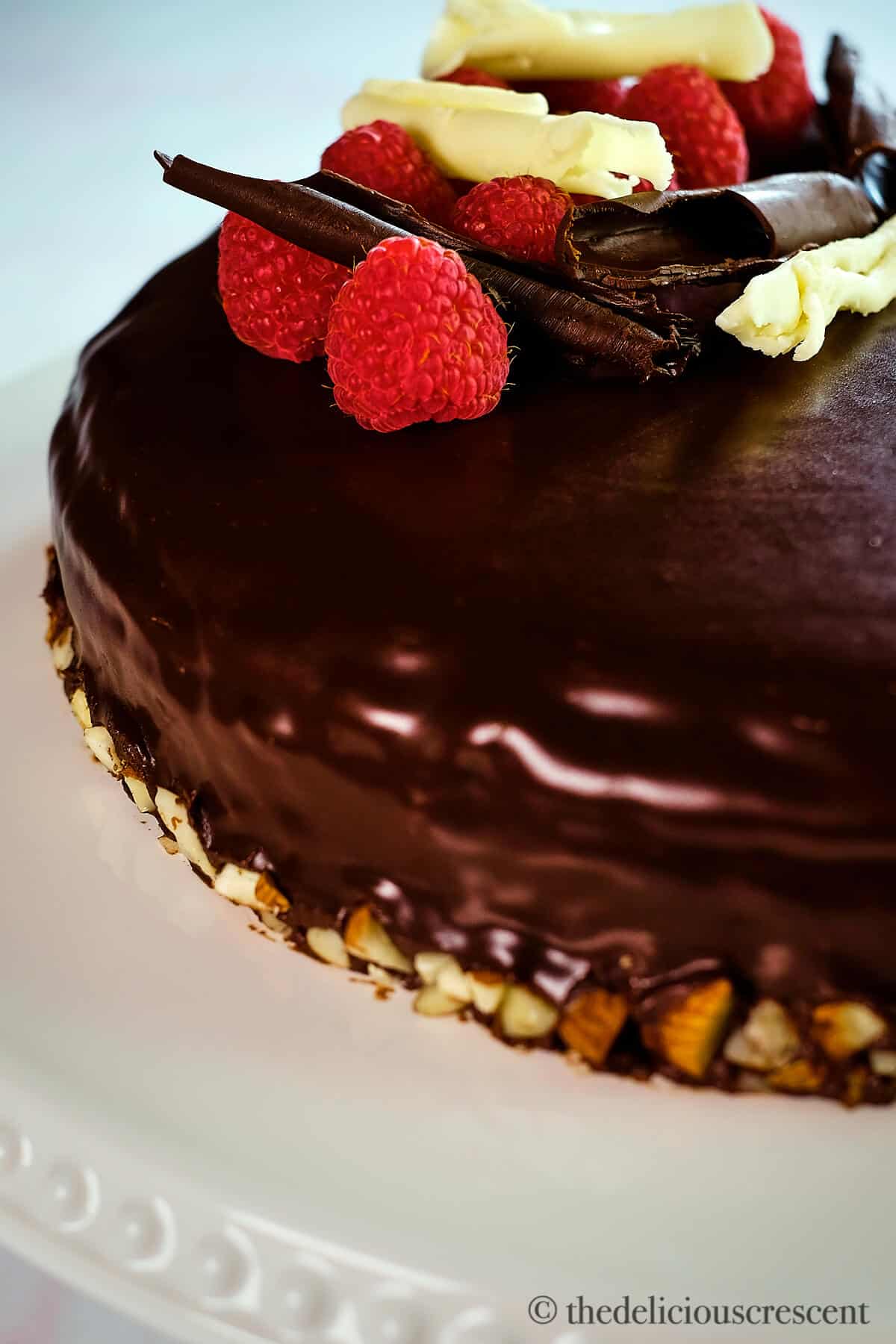 Side view of chocolate almond cake.