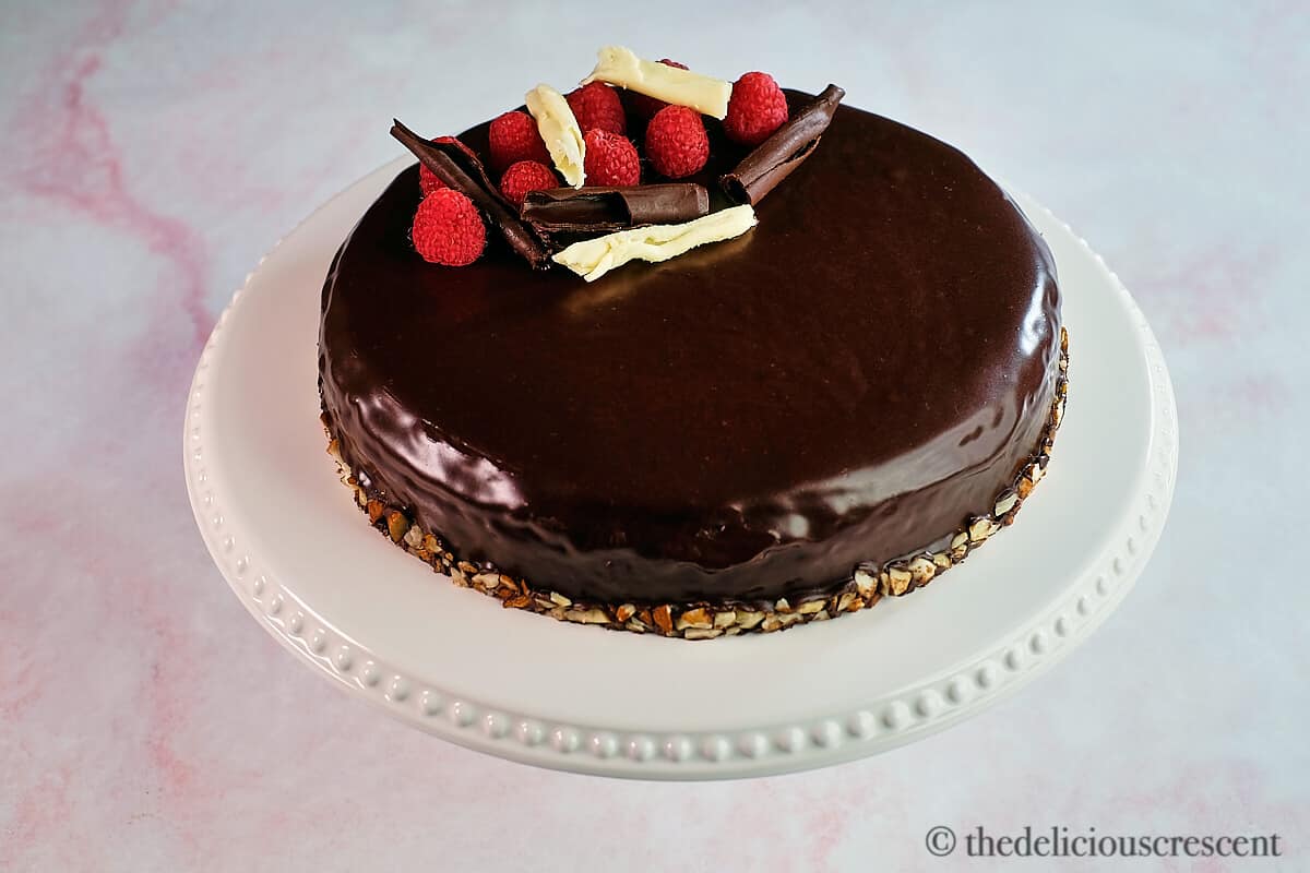 Front view of a decadent gluten free chocolate cake.