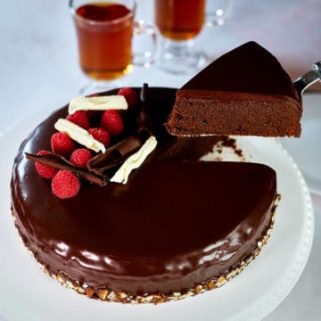 Close up view of a piece of cake in a serving utensil.