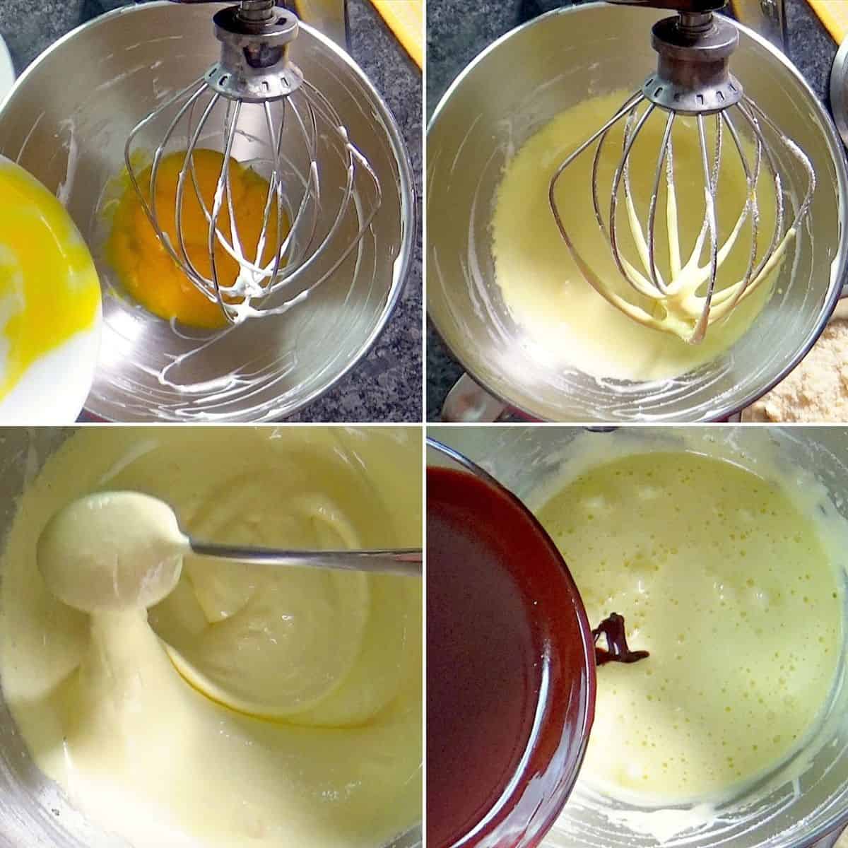 Whipping egg yolks and adding melted chocolate.