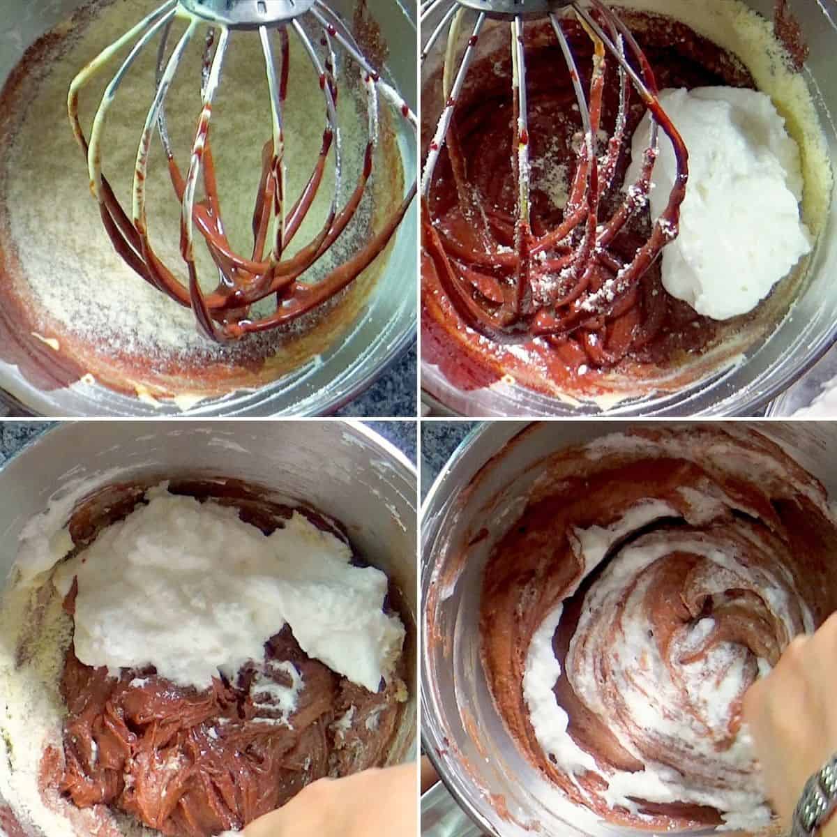 Adding almond flour and egg whites into batter.