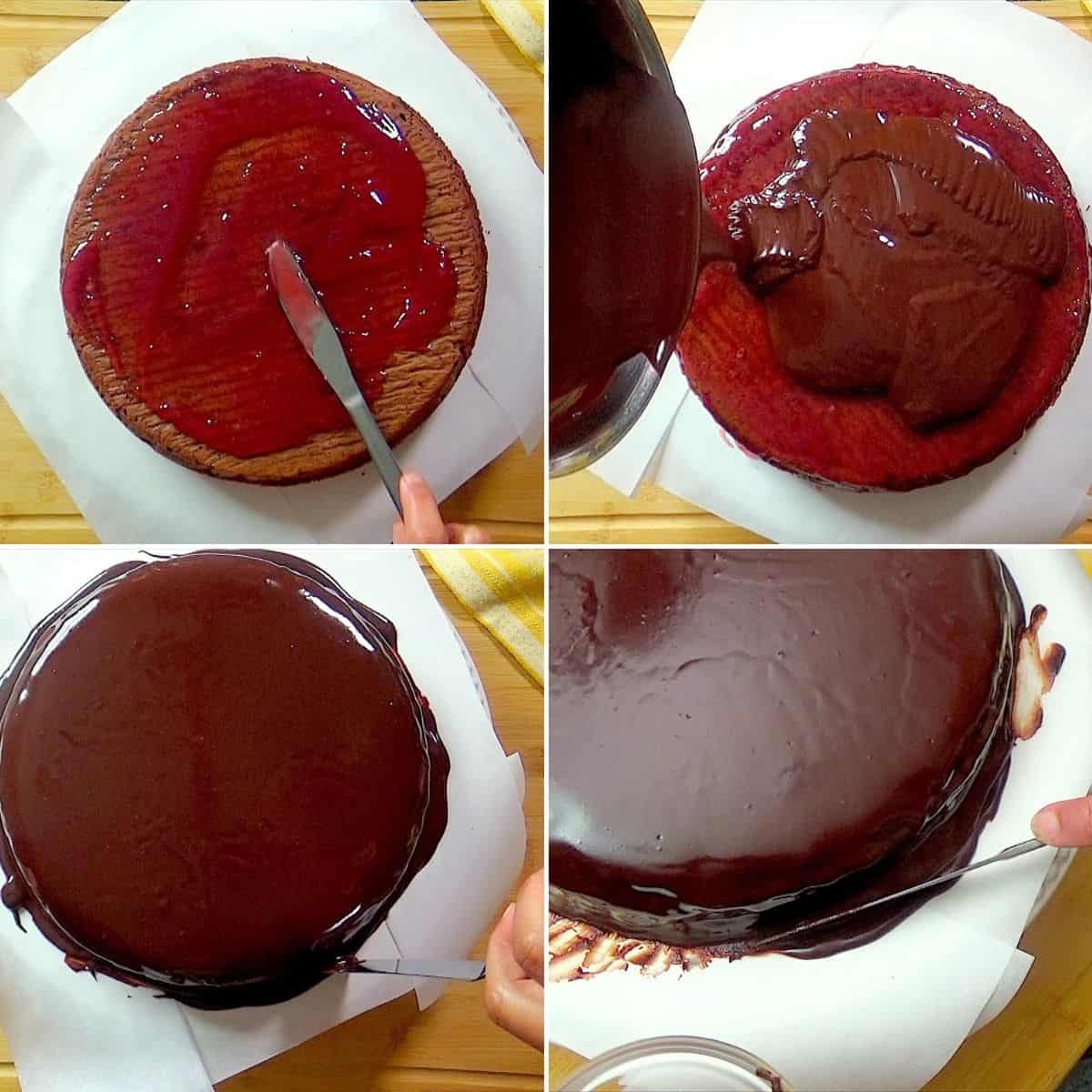 Spreading jam syrup and ganache icing.