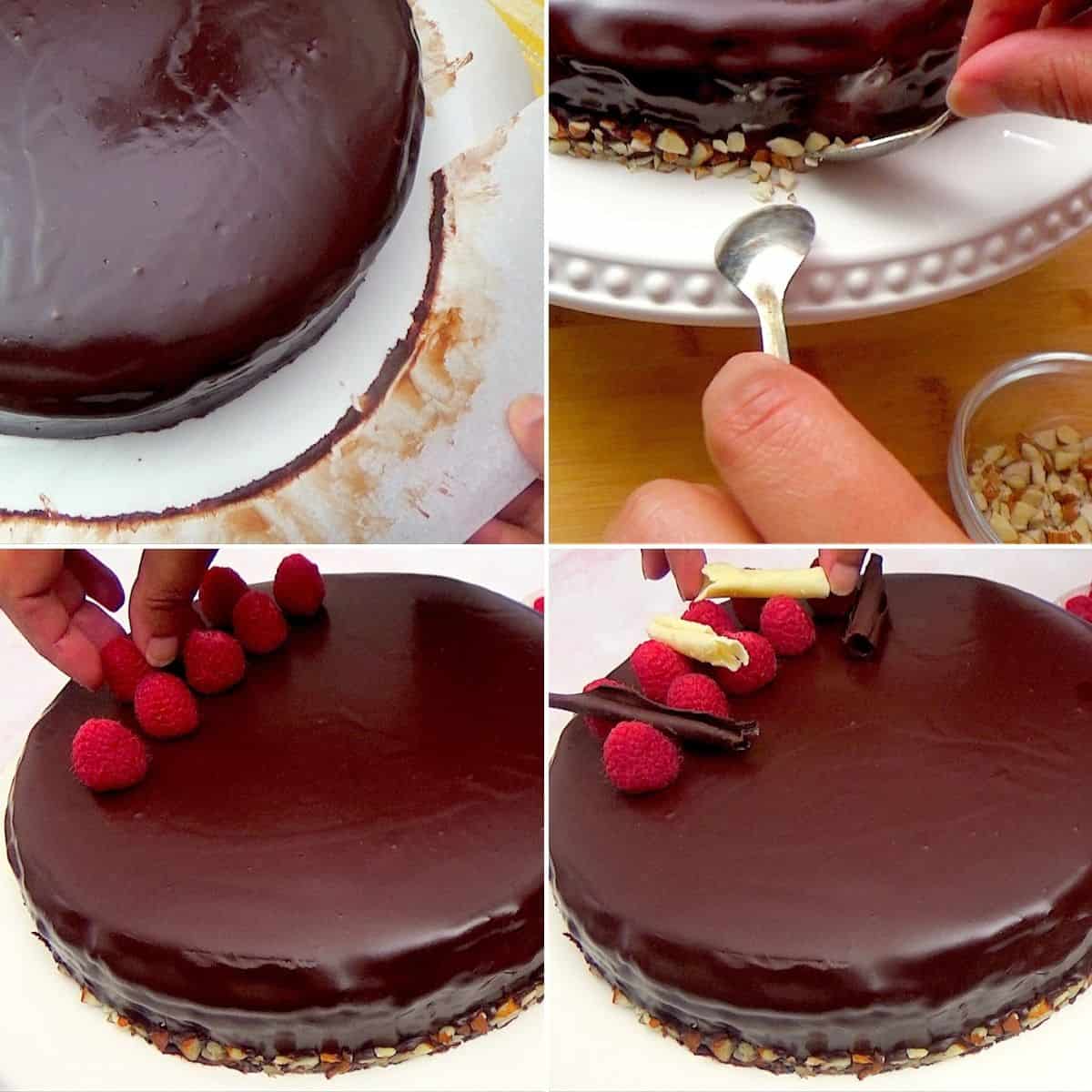 Decorating chocolate cake with chopped almonds, raspberries and chocolate curls.