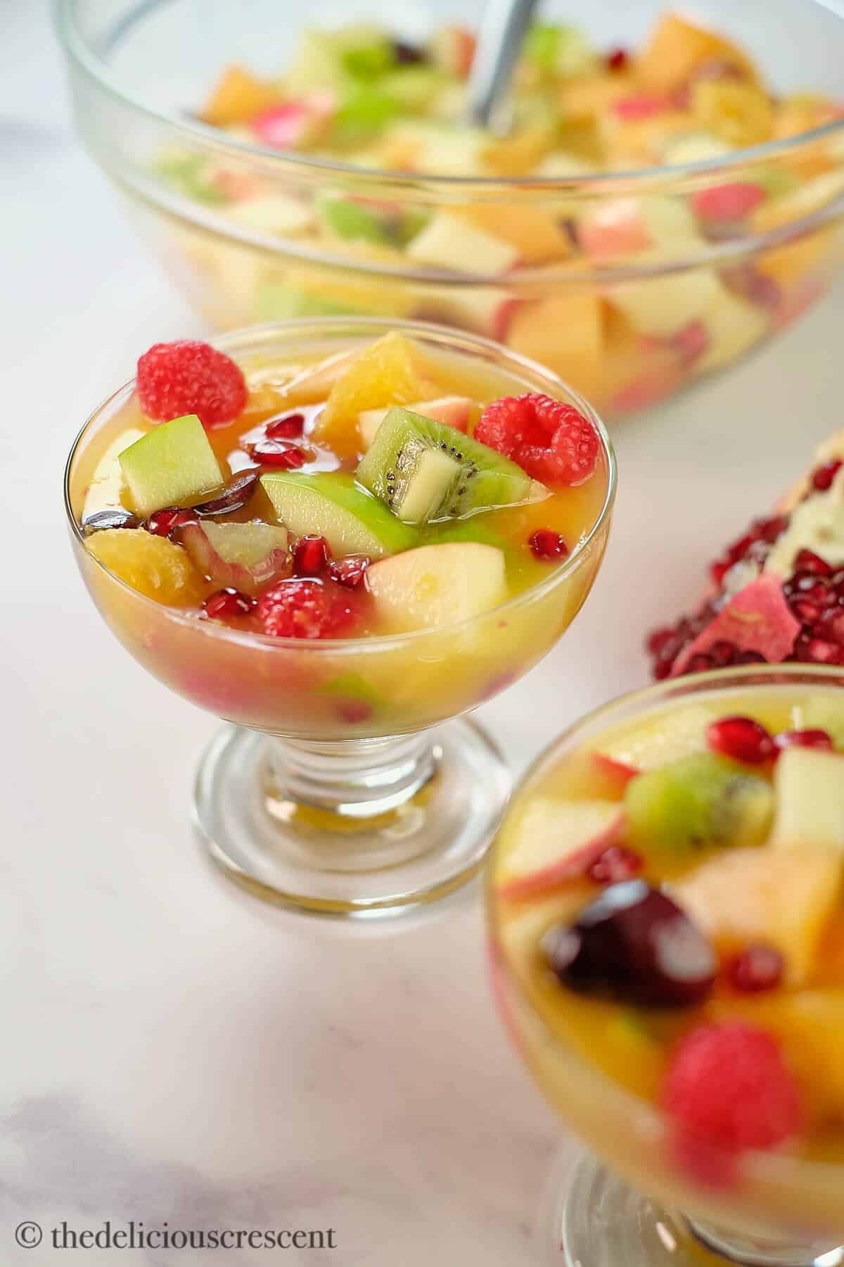 Fruits cut in bite size and served with dressing.