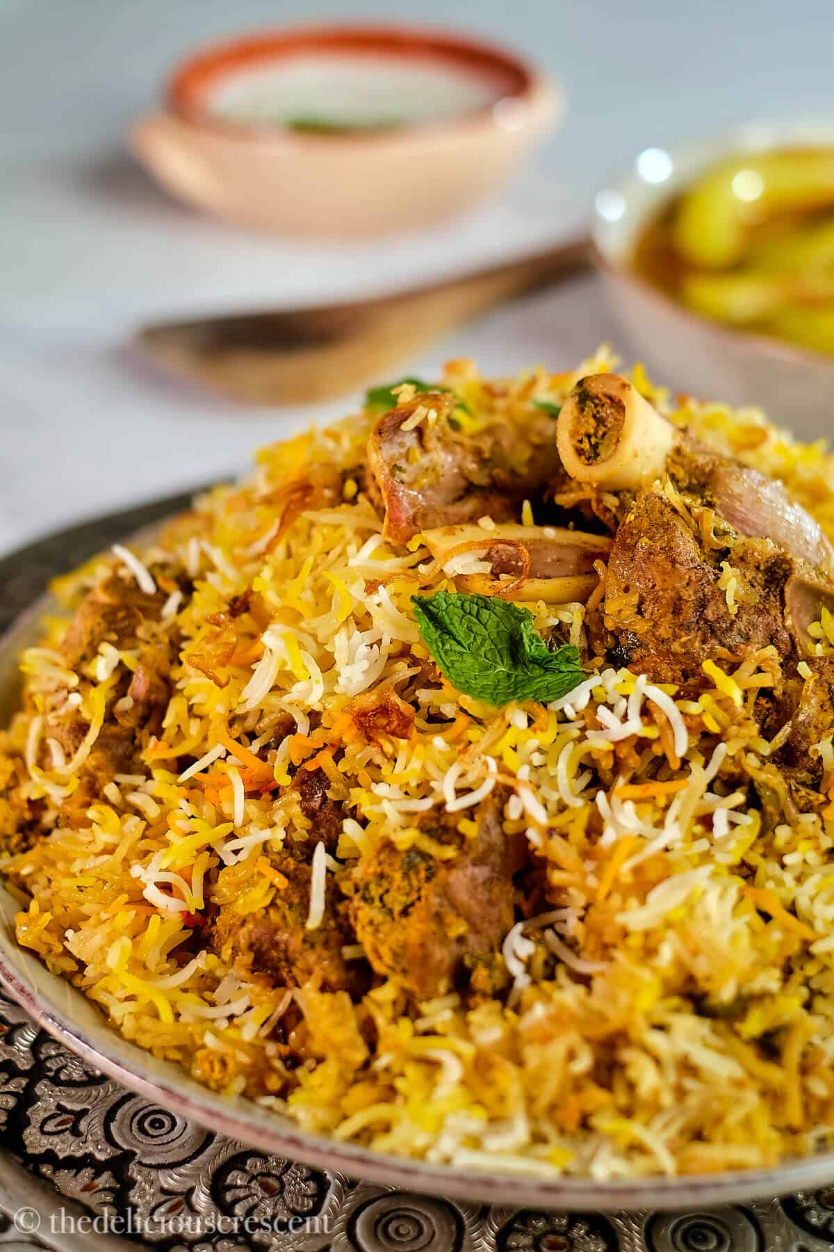 Hyderabadi lamb biryani served in a plate.