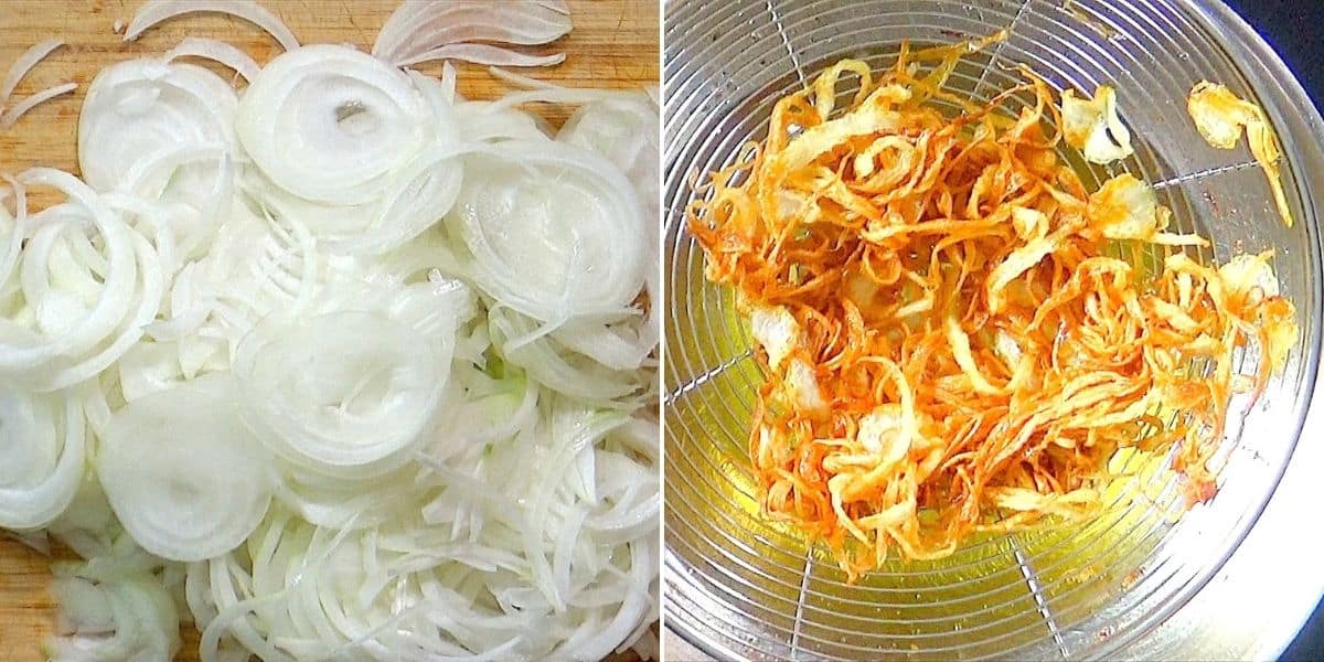 Frying thinly sliced onions.