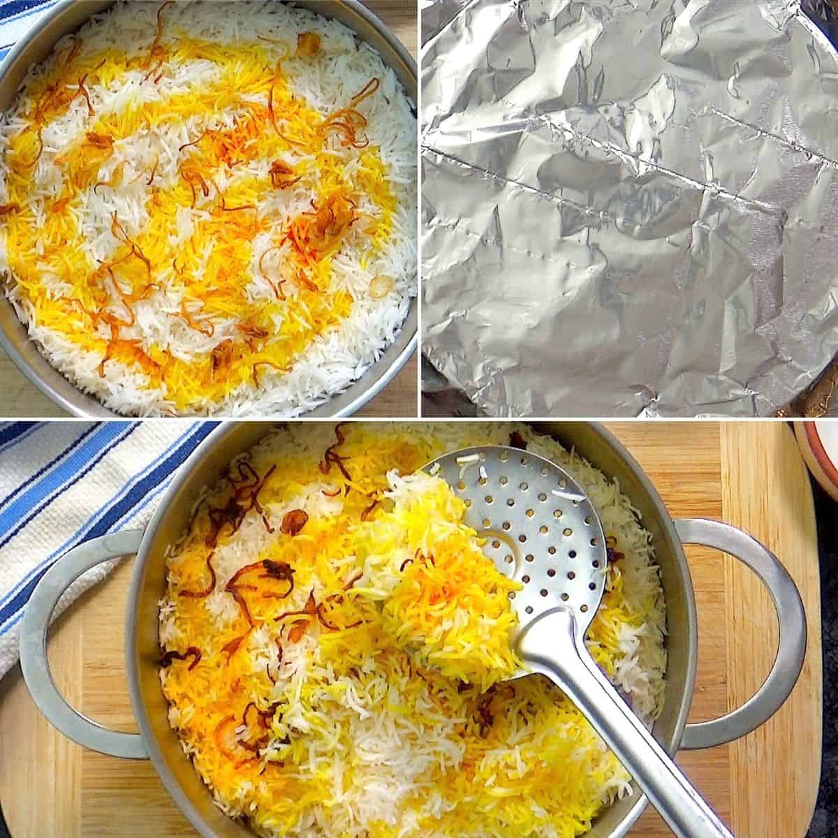 Steaming biryani and mixing the rice/meat layers.