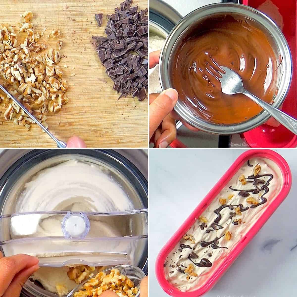 Freezing ice cream in the machine and adding nuts and chocolate.