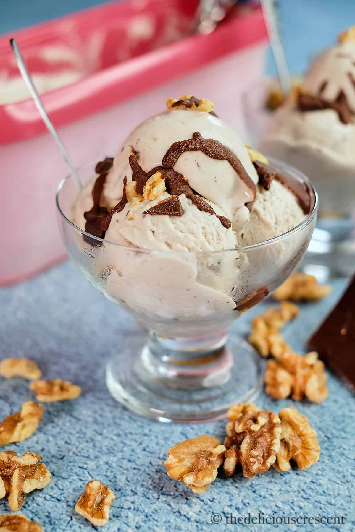 Banana ice cream with walnuts and chocolate chunks.