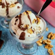 Front view of scoops of banana nut ice cream in a cup.