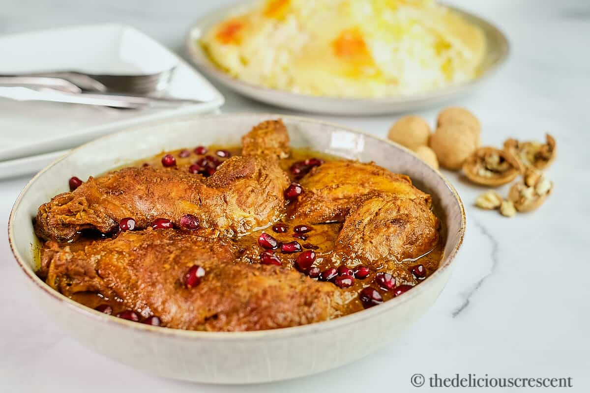 Front view of Persian chicken stew with pomegranate walnut sauce.