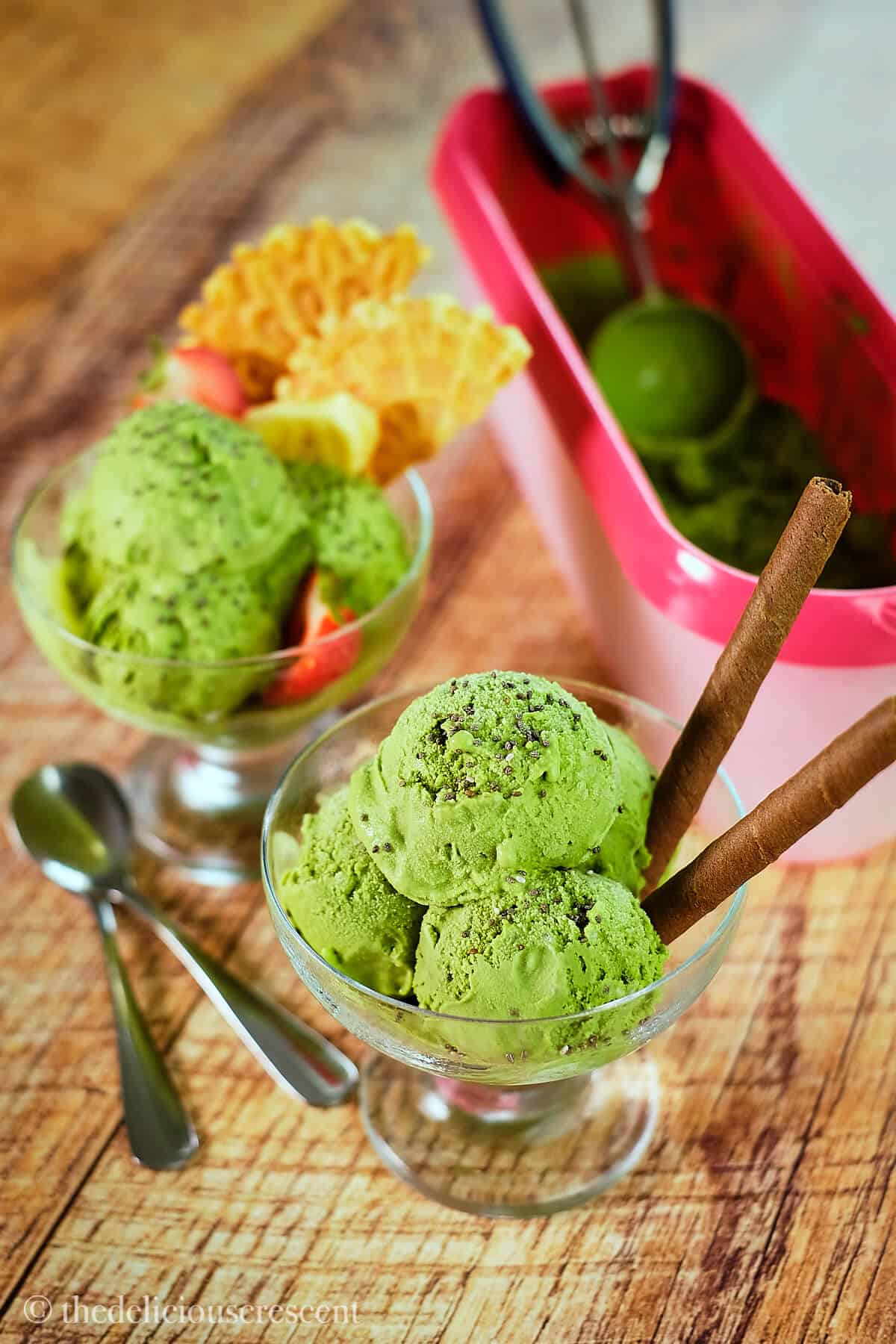Matcha ice cream topped with chia seeds.