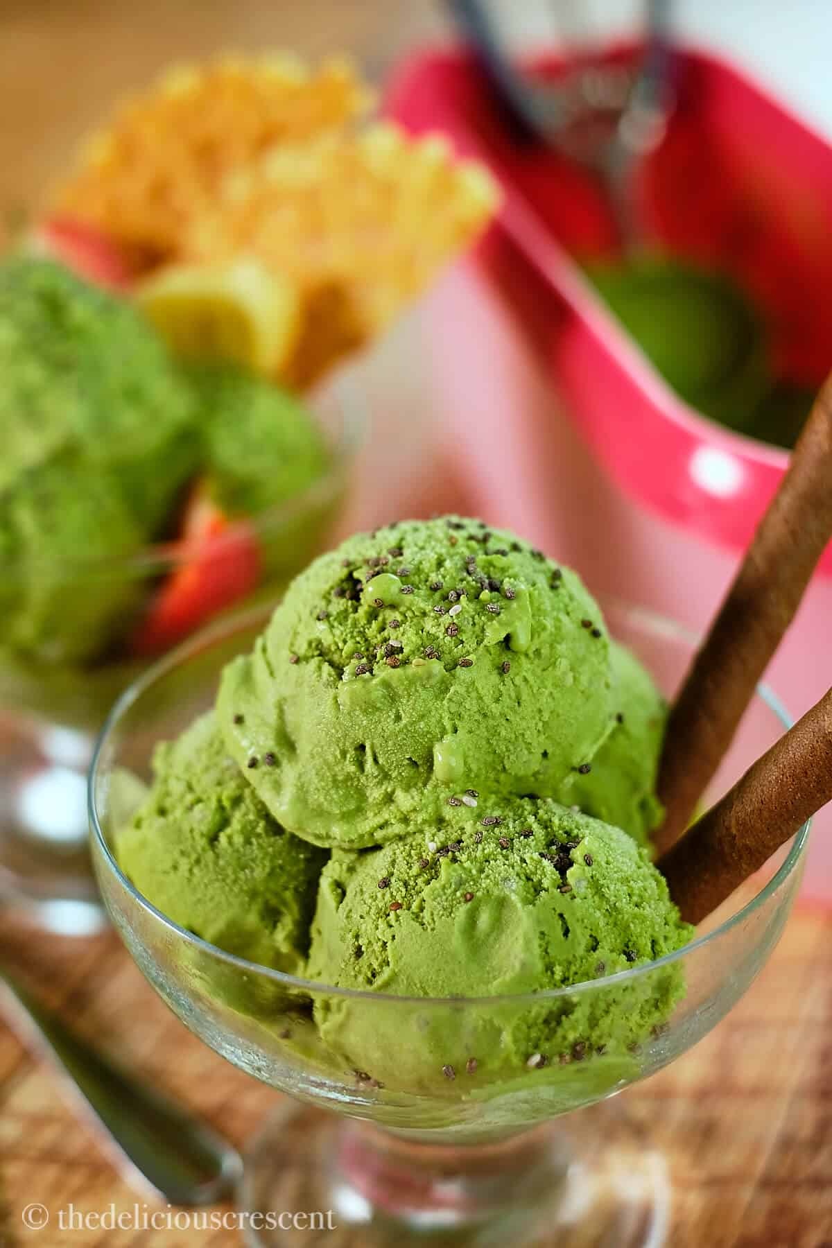 Ice cream made with green tea and served in a bowl.