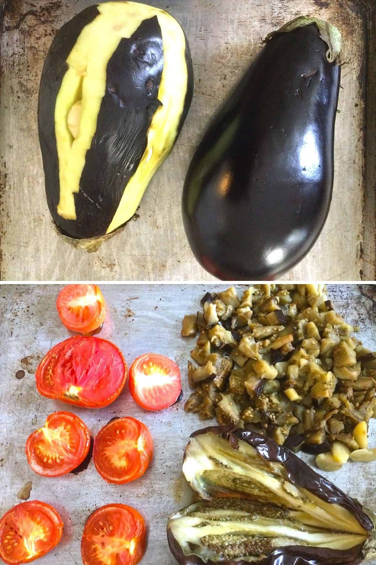 Roasted eggplants and tomatoes on a baking sheet.