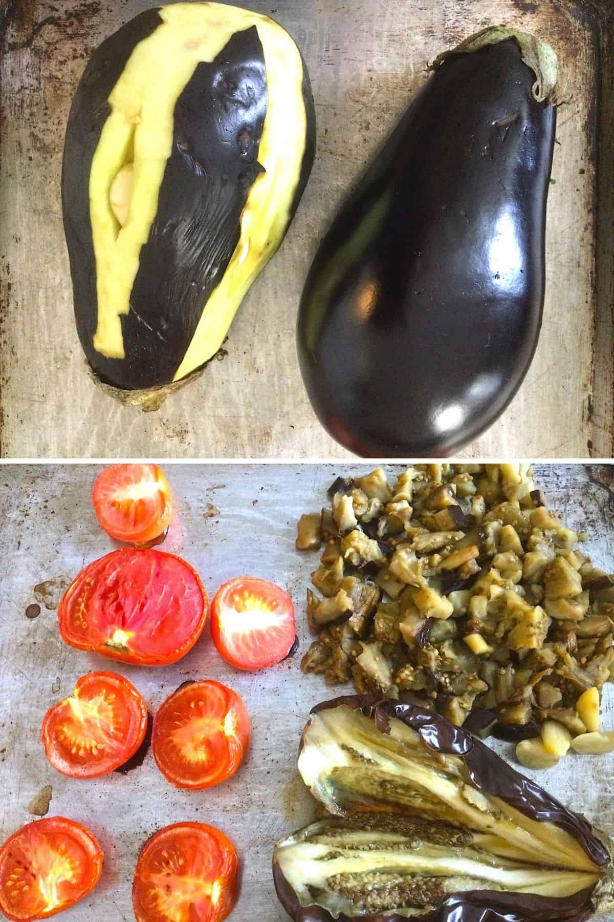 Roasted eggplants and tomatoes on a baking sheet.