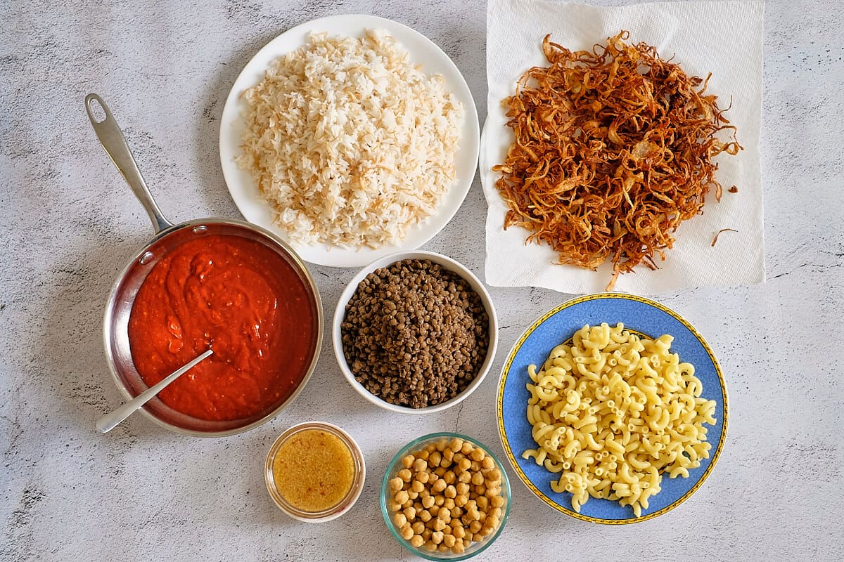 All the components cooked and ready to be assembled for the Egyptian rice recipe