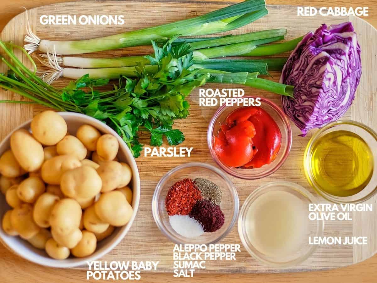 Ingredients needed for making warm Turkish potato salad.