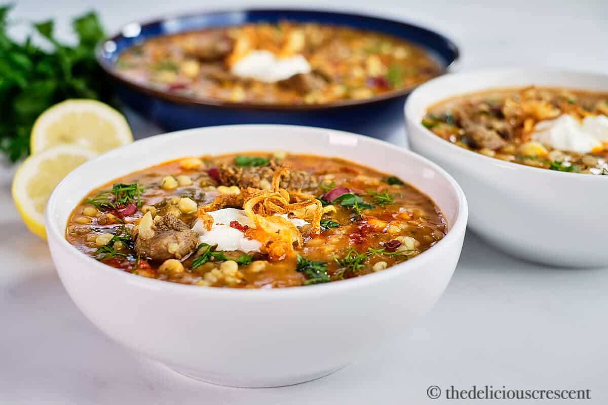 A bowl of beef and barley soup.