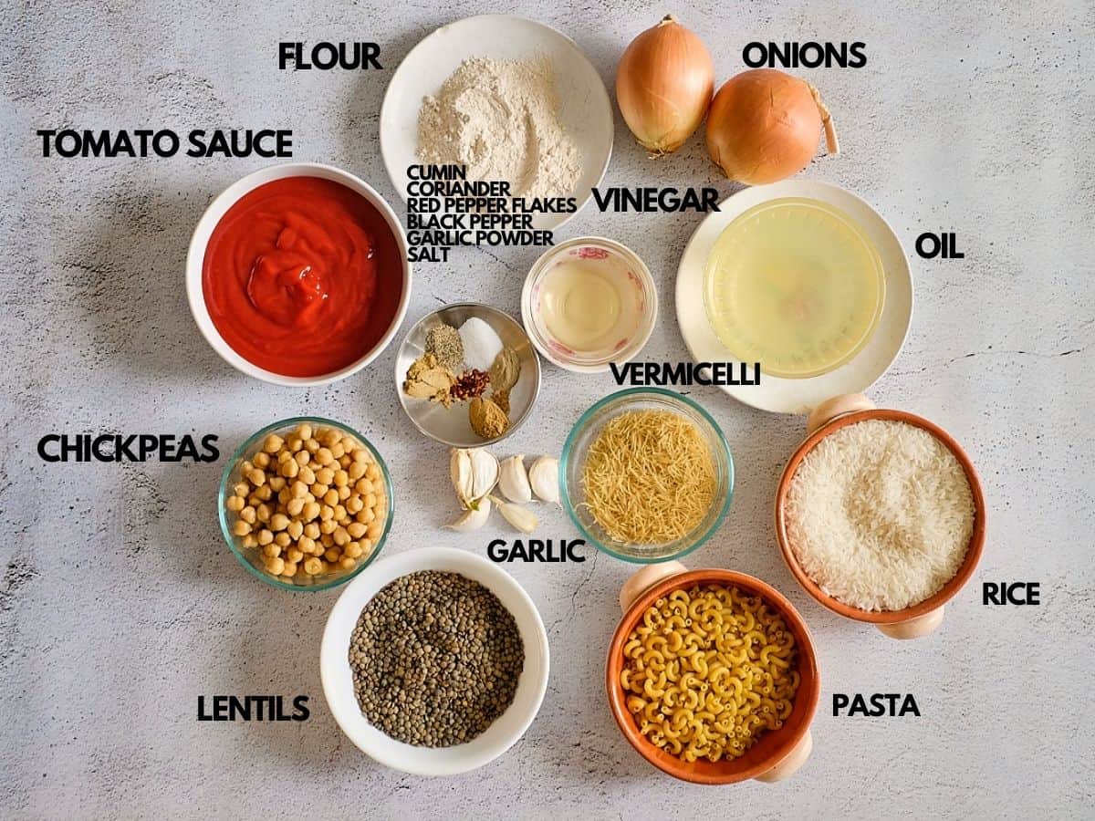 Ingredients needed for making koshari.