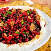 Close up view of pomegranate salsa served on cream cheese in a white plate.